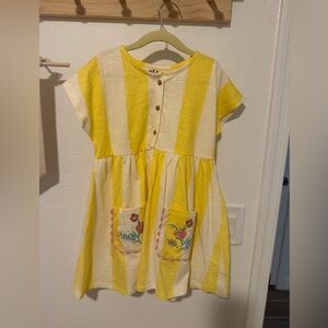 Yellow Striped Button-Front Dress with Floral Pockets